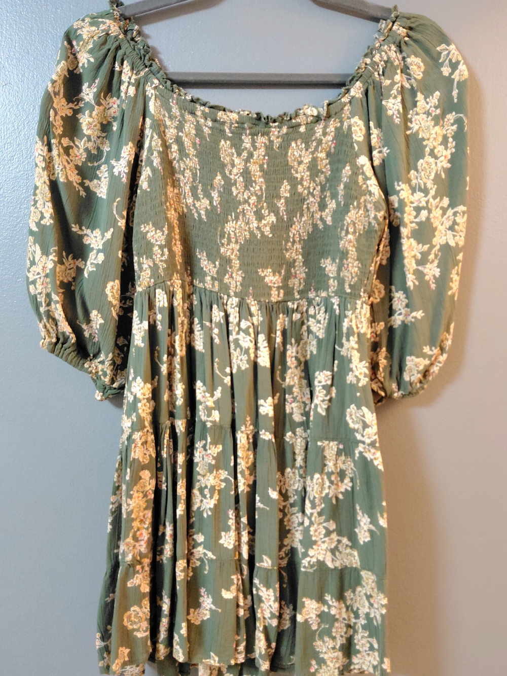 Angie Olive Green Floral Smocked Mini Dress